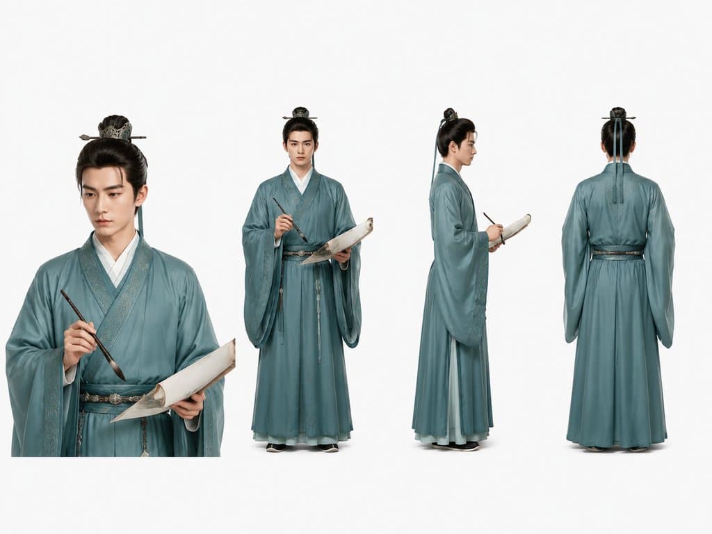 古装宫廷画师执笔画卷，青衫长袍，写实风格3D角色图
