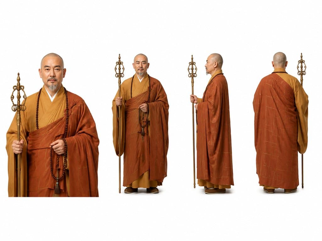 和尚方丈身穿赭黄袈裟，手持念珠与锡杖，慈和面容，古装写实风格
