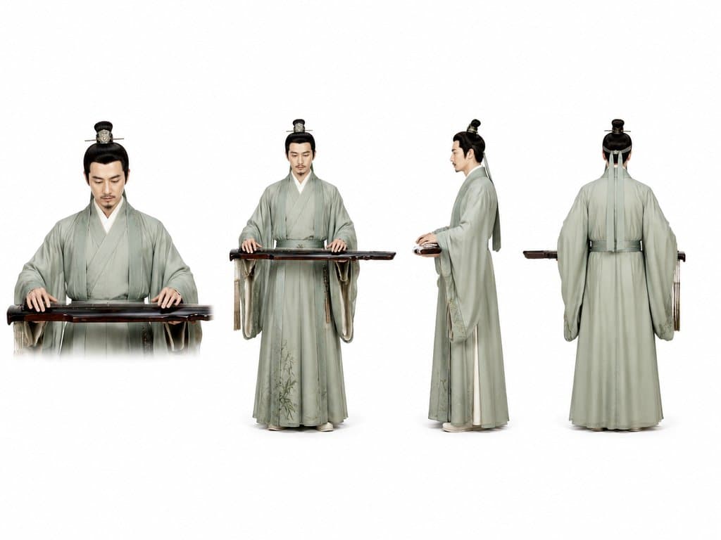 古装琴师身着素雅长衫，手持古琴，多角度展示，写实风格