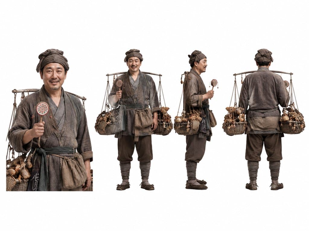 古装货郎挑担行走，手持拨浪鼓，身背杂货竹篮，写实风格3D角色图