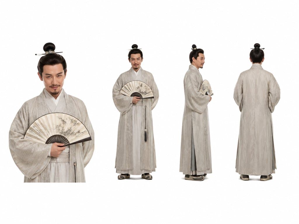 古装儒雅男子执扇，身穿长衫，多角度展示，写实风格