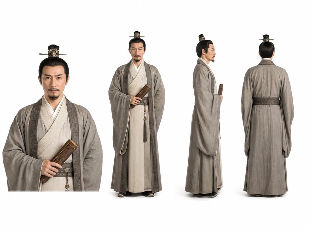 古装谋士身着素雅深衣，执卷沉思，写实风格3D角色图