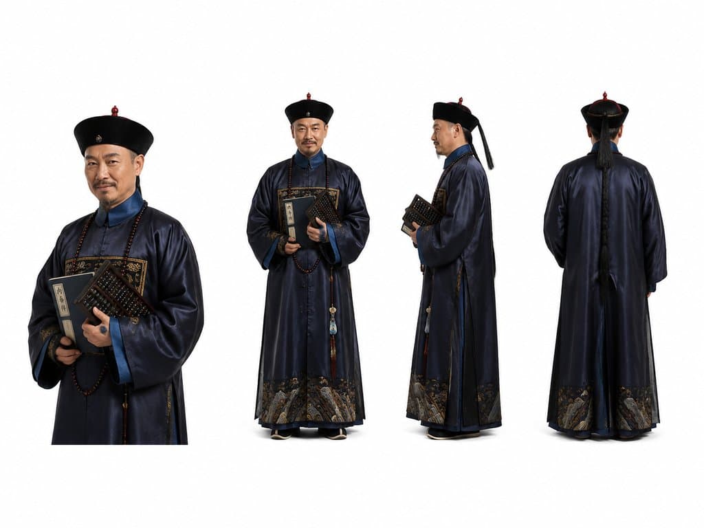 清代内务府总管身穿深蓝绸服，手持账册与算盘，佩戴朝珠，多角度写实古装角色图