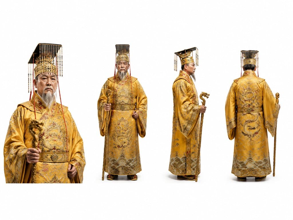 年迈帝王身着明黄龙袍，头戴冕旒，手持龙首拐杖，古装宫廷写实风格