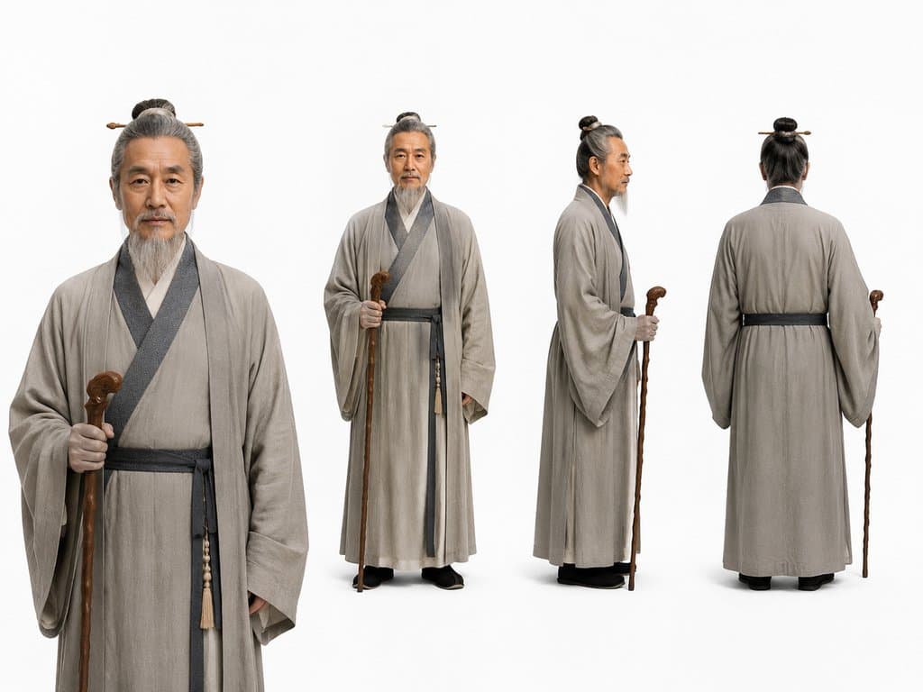 古装致仕老臣，身着素深衣，手持拐杖，白发长须，写实风格3D角色图