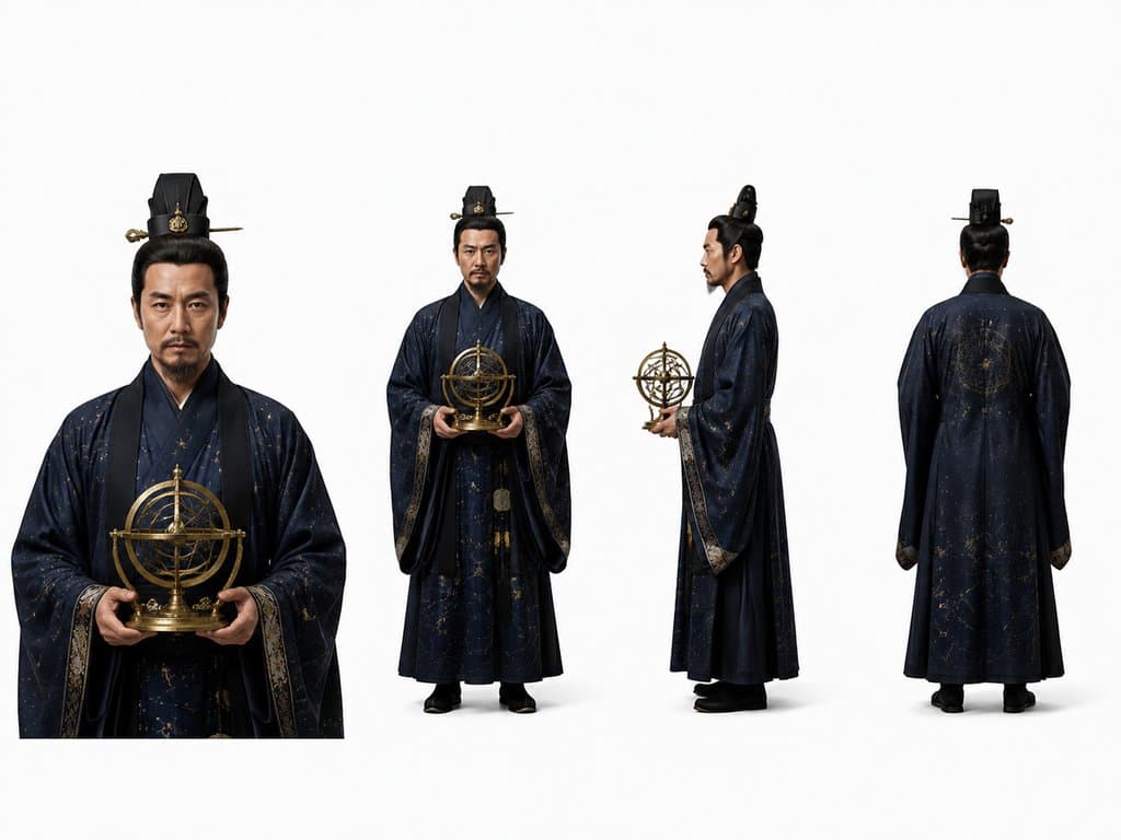 古装钦天监官员手持浑天仪，深蓝色官服饰星纹，写实风格3D角色图