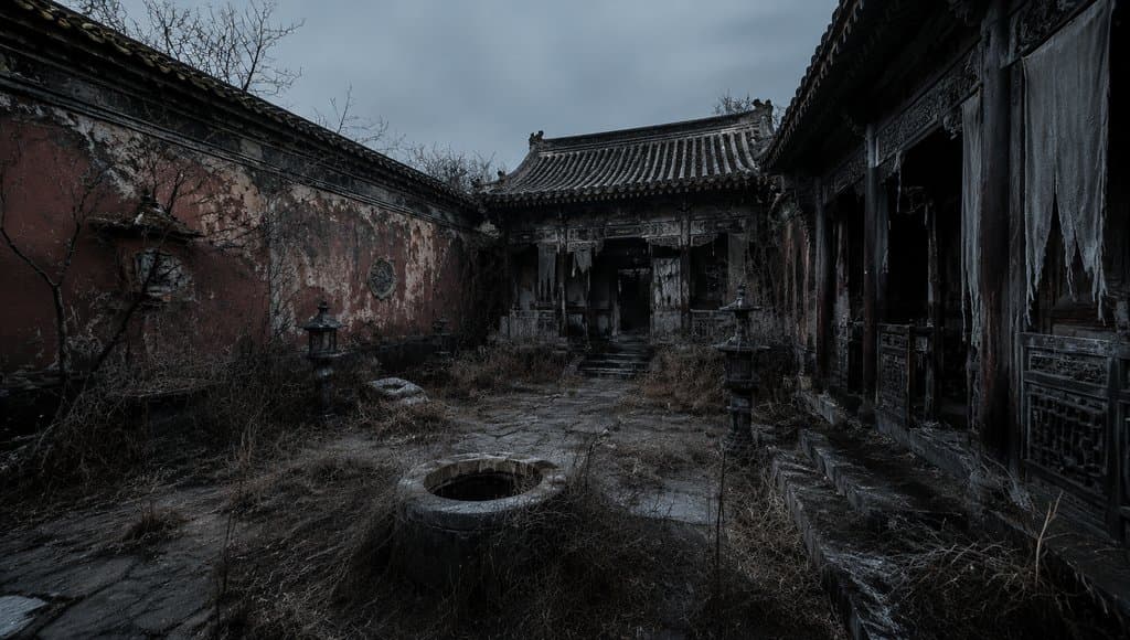 冷宫庭院，剥落宫墙与枯井荒草，古装宫廷写实场景