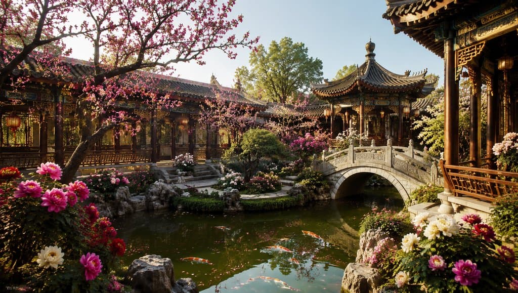 古典御花园，亭台水榭环绕锦鲤池，盛开牡丹海棠，写实古装宫廷场景