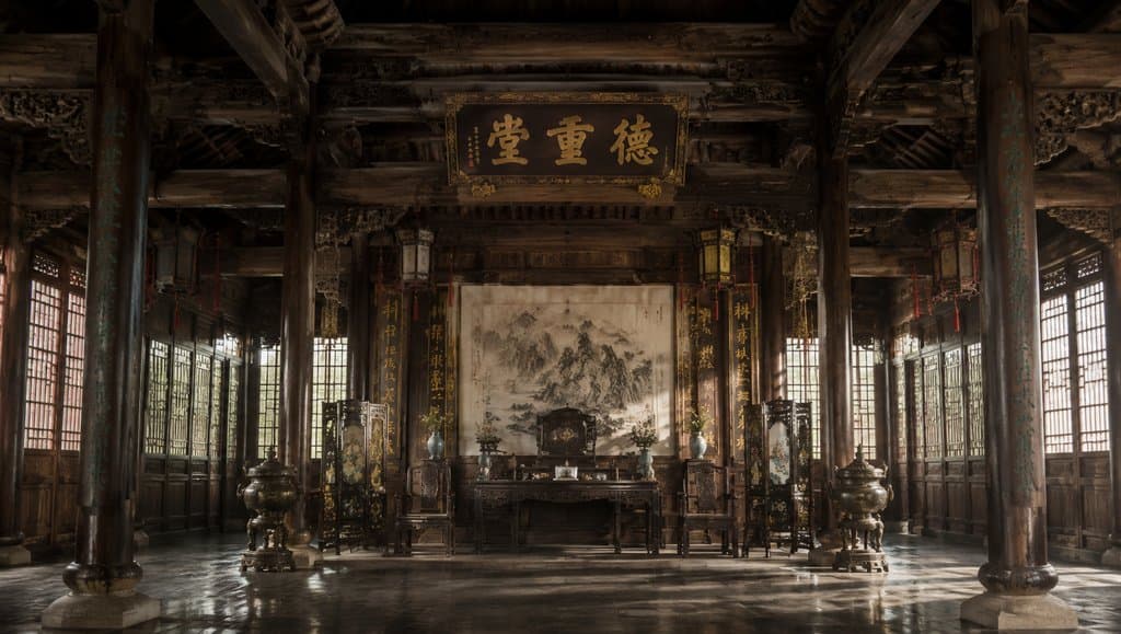 古装宫廷正厅，雕梁画栋，太师椅与条案陈设，屏风壁画，写实风格
