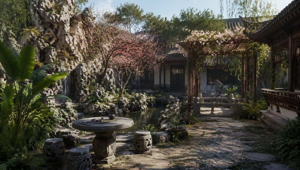 古典中式内宅花园，假山池塘环绕，花架回廊掩映，石桌石凳静置，春日花开，写实风格