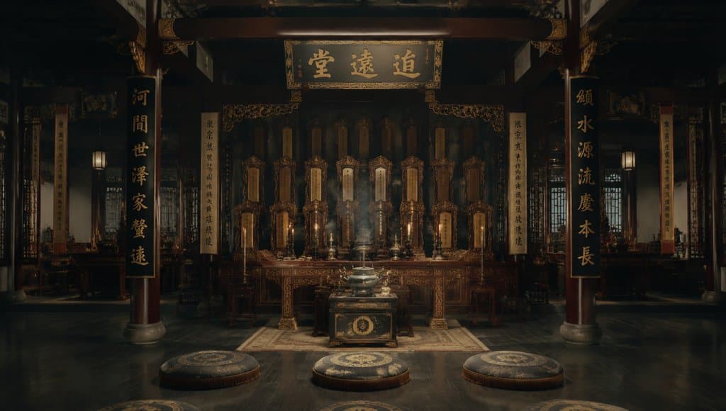 古装宫廷风格祠堂，祖宗牌位排列整齐，香案供桌烟雾缭绕，蒲团置于前方，写实3D场景