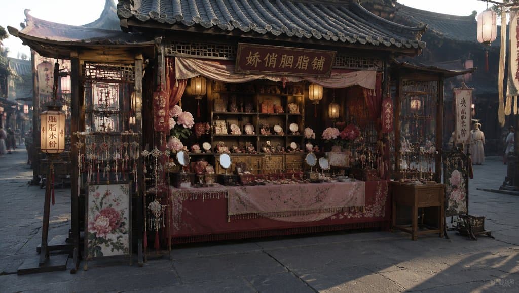 古风胭脂铺，红木雕花摊位陈列脂粉铜镜绢花，暖灯映衬宫廷写实风格