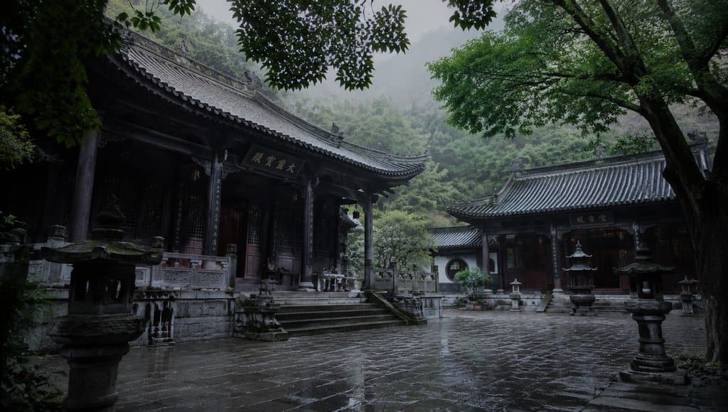 古色古香的尼姑庵堂，青瓦飞檐，石灯静立，雾气缭绕山林间，写实风格