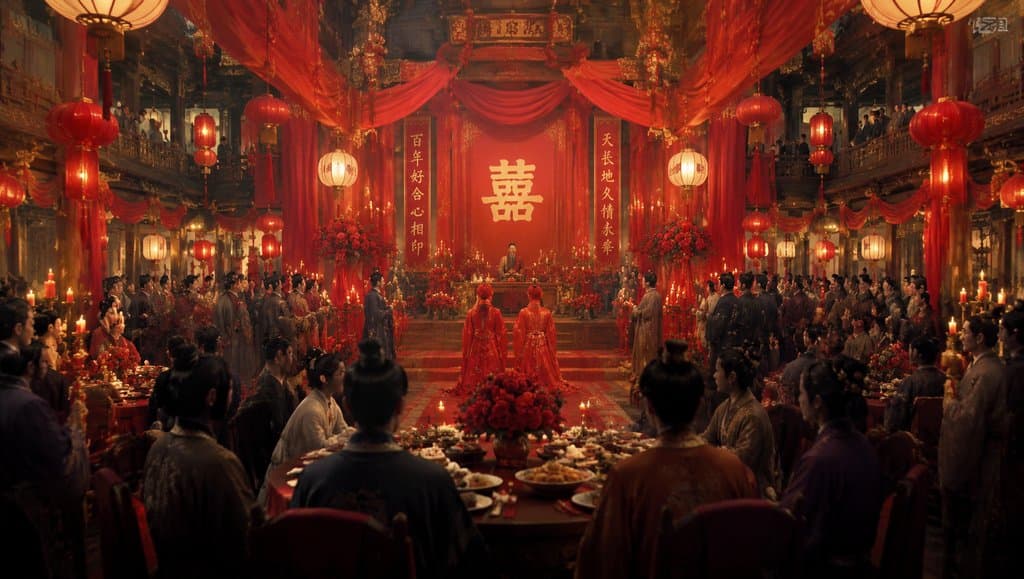 古装宫廷婚宴场景，红绸喜字高悬，新人拜堂，宾客满座，烛光灯笼映衬喜庆氛围