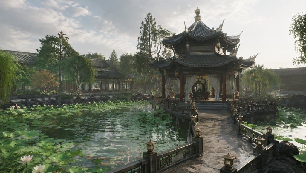 中式古典湖心亭，飞檐翘角，荷塘锦鲤，曲桥环绕，古装宫廷写实风格