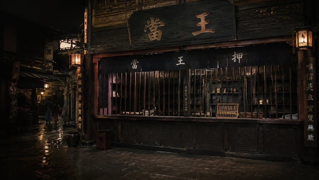 古风当铺夜景，高柜台带栅栏，算盘陈列，灯光昏黄，写实风格