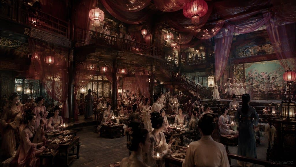 古代青楼教坊场景，红纱灯笼高挂，雕花楼阁内众女子身着古装宴饮，舞台上有舞者表演，写实风格