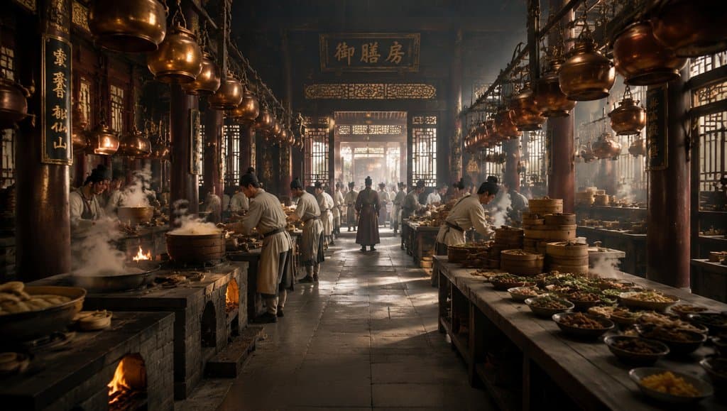 古代宫廷御膳房，工匠忙碌烹饪，铜锅蒸笼蒸汽弥漫，写实古装场景