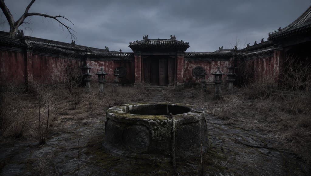 冷宫枯井，青苔覆盖的石井栏，垂绳悬挂，荒草丛生，古装宫廷写实场景