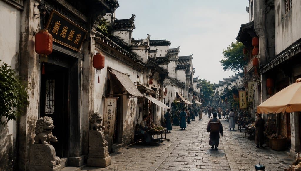 古风市井深巷，青石板路两旁白墙黛瓦建筑，红灯笼高挂，行人穿行其间，写实风格