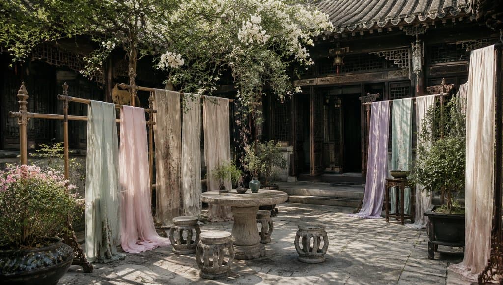 古风庭院中晾晒轻纱，石桌绣凳环绕，花架繁花点缀，写实宫廷场景