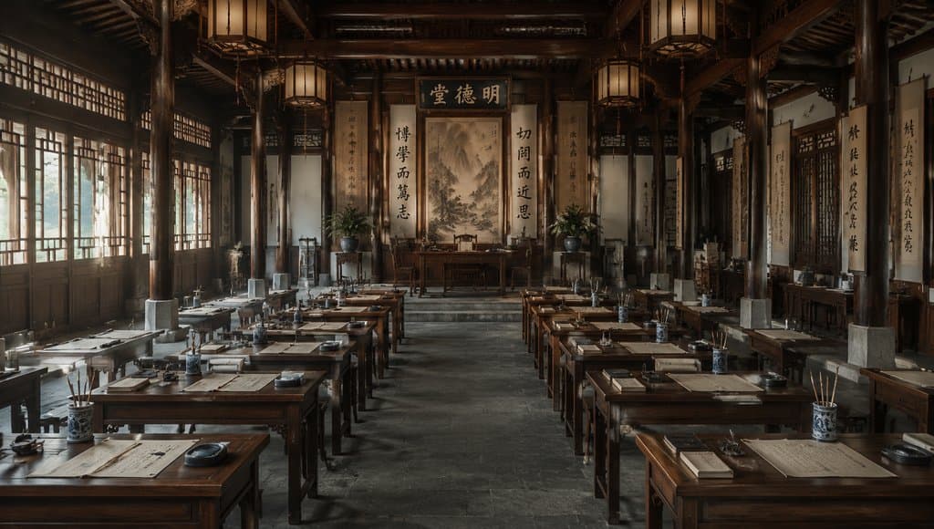 古代书院学堂内部，木质书案整齐排列，悬挂书法对联与山水画，古风写实场景
