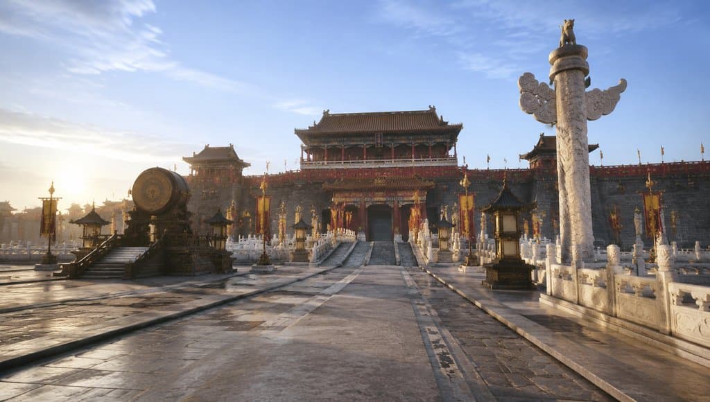 古装宫廷宫门广场，白玉栏杆与华表，写实风格3D场景