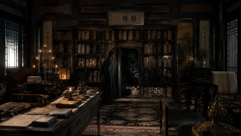 古装宫廷书房密室，书架暗格机关，烛光映照，人物背影伫立，写实风格