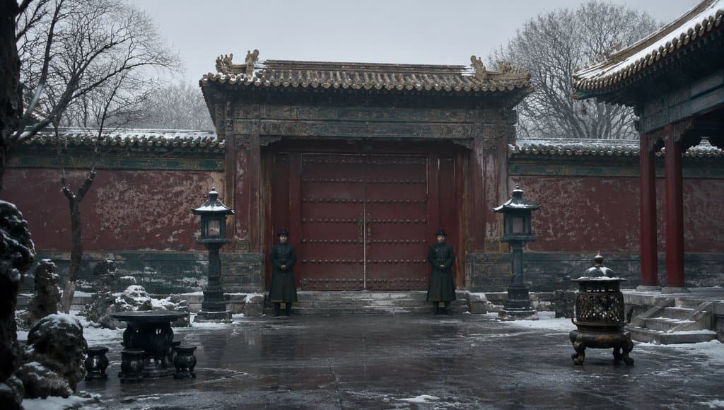 古装宫廷禁足偏殿，紧闭红门，两名守卫肃立，雪中庭院寥落写实
