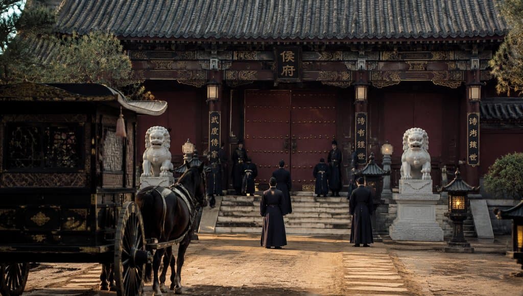 古装宫廷府邸门前，朱漆大门两侧石狮守卫，人物列队，马车停驻，写实风格