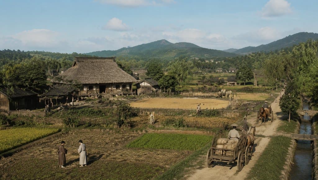 古装田庄场景，农舍与晒谷场，佃户劳作，马车行进，写实风格