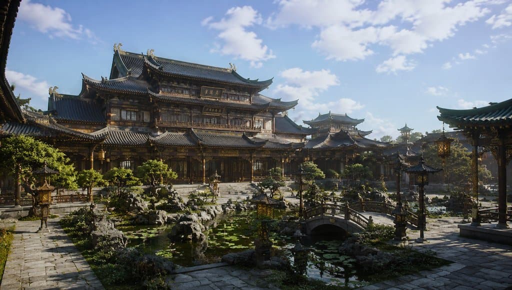 古装宫廷驸马府园林楼阁，奢华写实风格，飞檐翘角，池塘小桥，绿植环绕