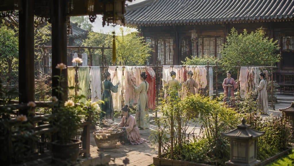 古装宫廷院落中，宫女们在花架旁晾晒华服，写实风格场景