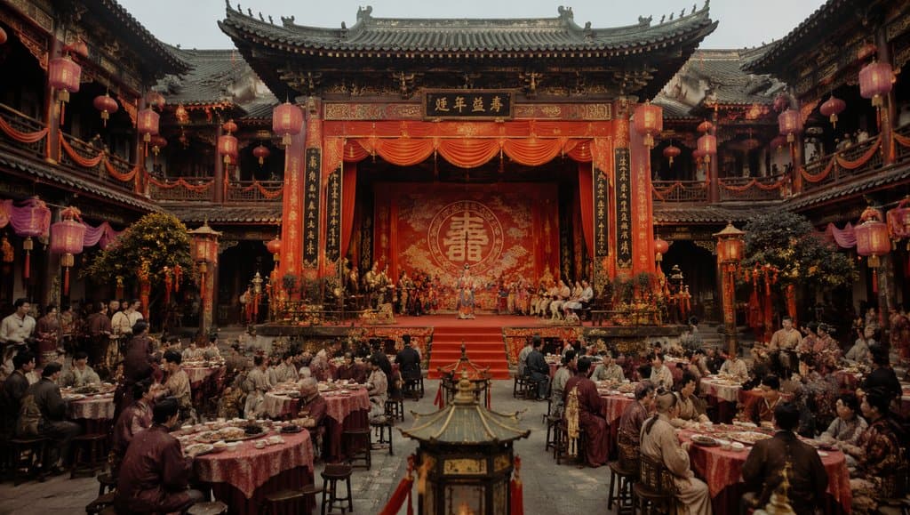 古装宫廷寿宴场景，戏楼张灯结彩，众人围桌宴饮，戏台上演传统戏曲，写实风格