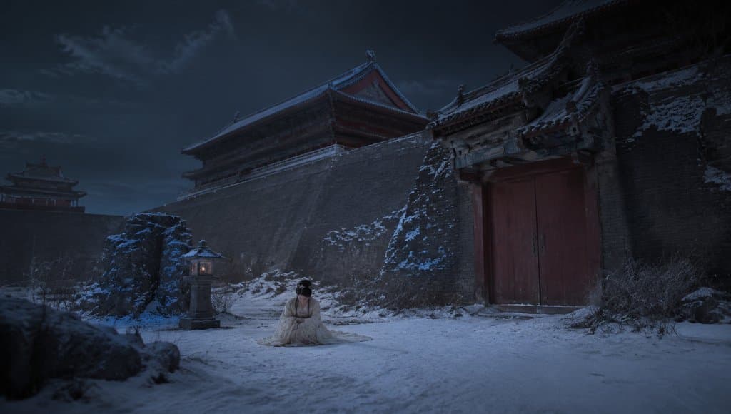 雪夜冷宫中，身着古装的女子跪坐于积雪之上，身旁孤灯微亮，背景为残破宫墙与传统建筑
