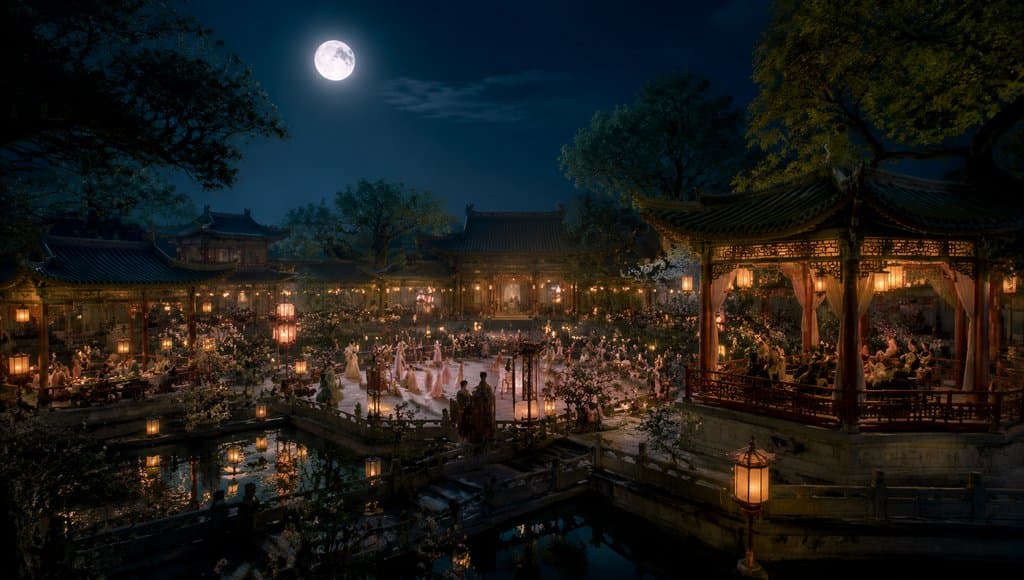 月光下的古装宫廷御花园夜宴，彩灯璀璨，歌舞升平，写实风格3D场景