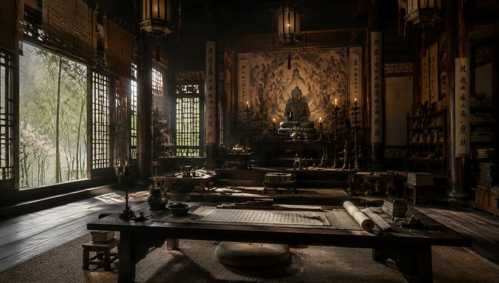 古装宫廷静室，书案上铺展经卷笔墨，佛像端坐供台，窗外竹林幽静，写实风格