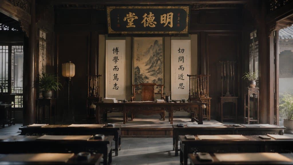古代私塾教室，明德堂匾额高悬，书案整齐排列，字画与戒尺点缀其间，写实古风场景