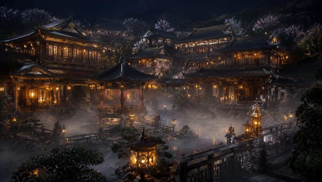 夜幕下的皇家温泉行宫，灯火辉煌，雾气缭绕，古风亭榭与宫灯辉映，写实宫廷场景
