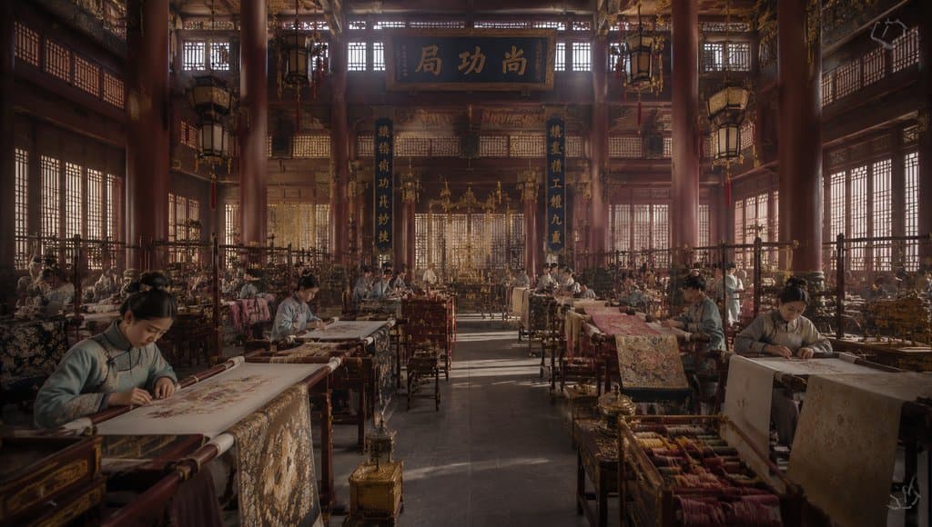 古装宫廷绣坊内，女子们在绣架前专注刺绣，红木柱与雕梁画栋环绕，阳光透过窗棂洒落，写实风格