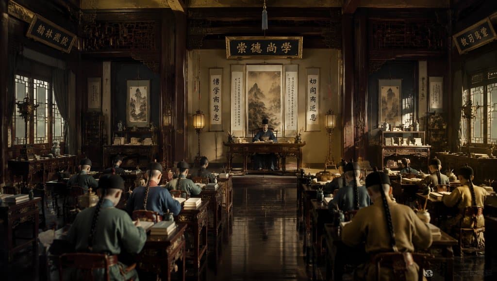古装宫廷上书房，学子伏案读书，老师讲学，中式古典建筑与字画装饰，写实风格
