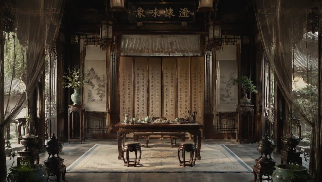 古风世家茶室，雕花木桌配茶器，屏风字画与香炉点缀，写实中式庭院场景