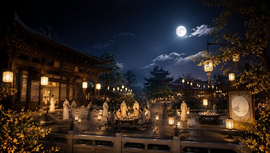 古装宫廷中秋赏月场景，明月高悬，人物身着汉服围坐宴席，灯火辉煌，桂花盛开，写实风格