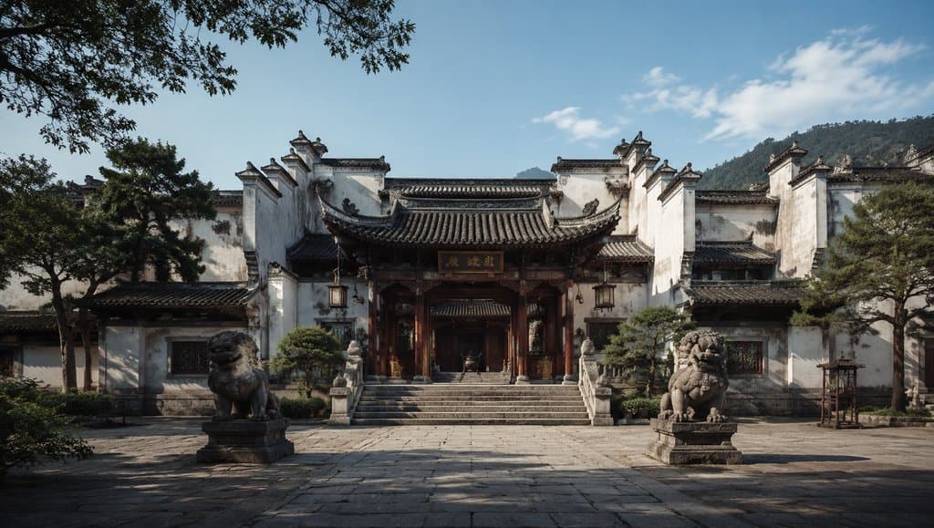 中式世家府邸，马头墙与朱漆门楼，石狮守卫，古装宫廷写实风格建筑