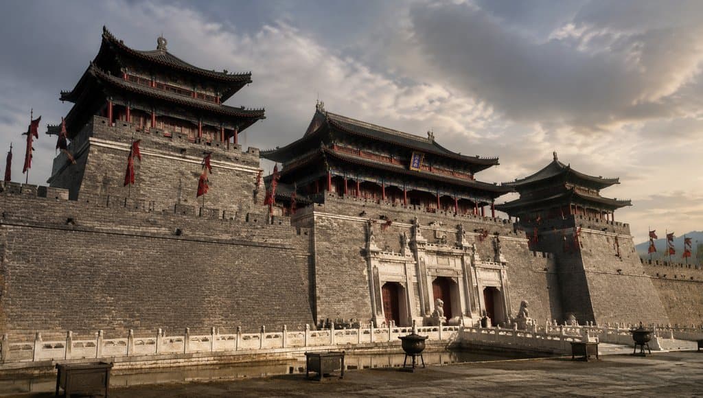 古风城楼宫门，重檐飞翘，白玉拱门，旌旗飘扬，写实中式宫廷建筑