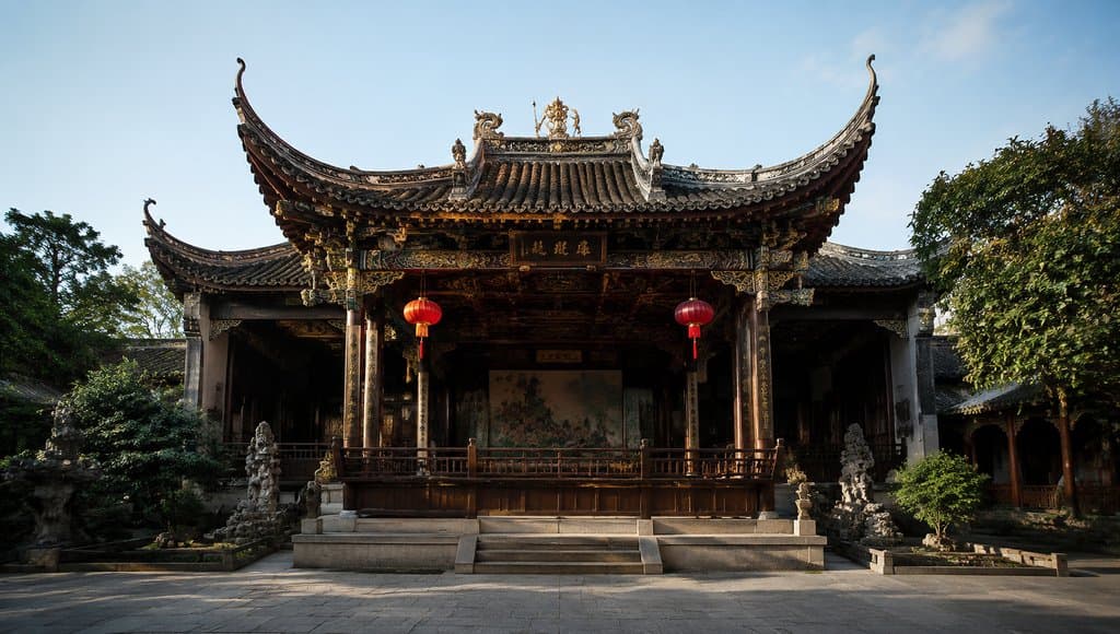 古风戏台楼，飞檐翘角，雕梁画栋，红灯笼高挂，中式古典建筑