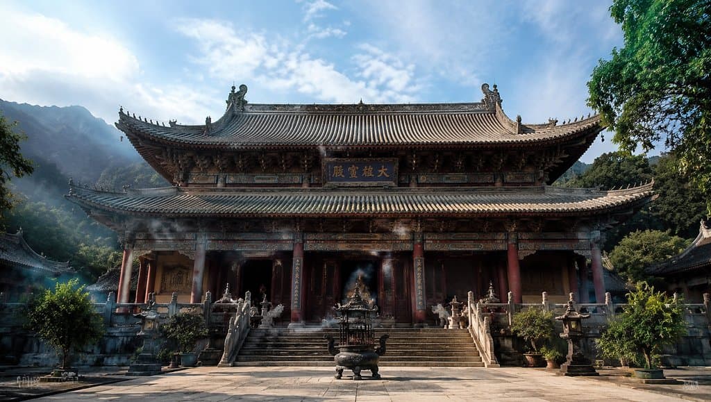 重檐歇山顶寺庙大殿，朱柱回廊，匾额高悬，烟雾缭绕，古装宫廷写实风格建筑