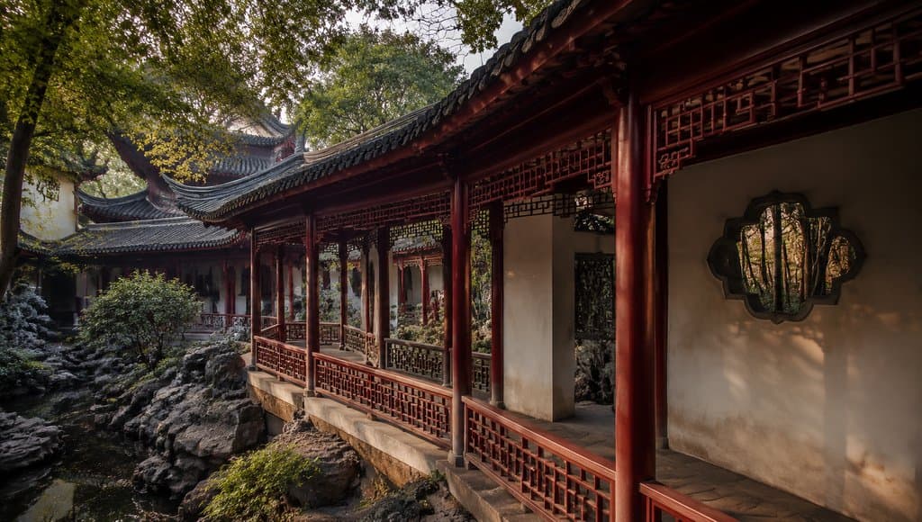 中式古典园林回廊，红柱卷棚顶，漏窗设计，绿树环绕，写实建筑风格