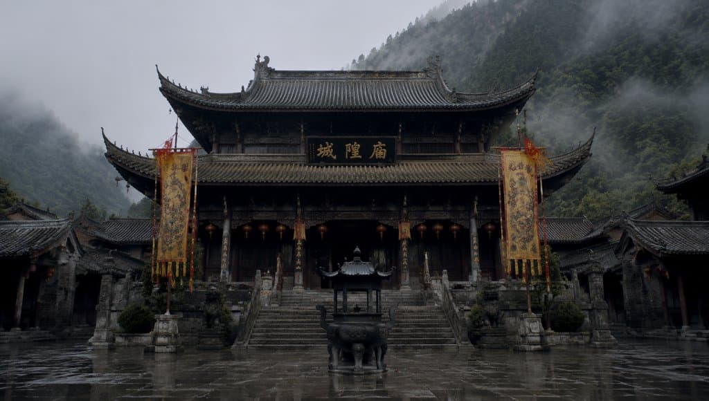 古风城隍庙建筑，重檐飞角，匾额香炉，幡幢飘扬，雨雾缭绕，写实风格
