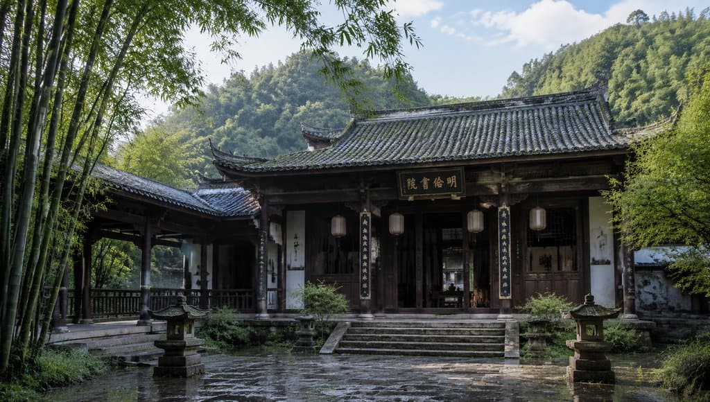 古风书院建筑，青瓦飞檐，竹林环绕，回廊庭院，楹联高挂，写实风格